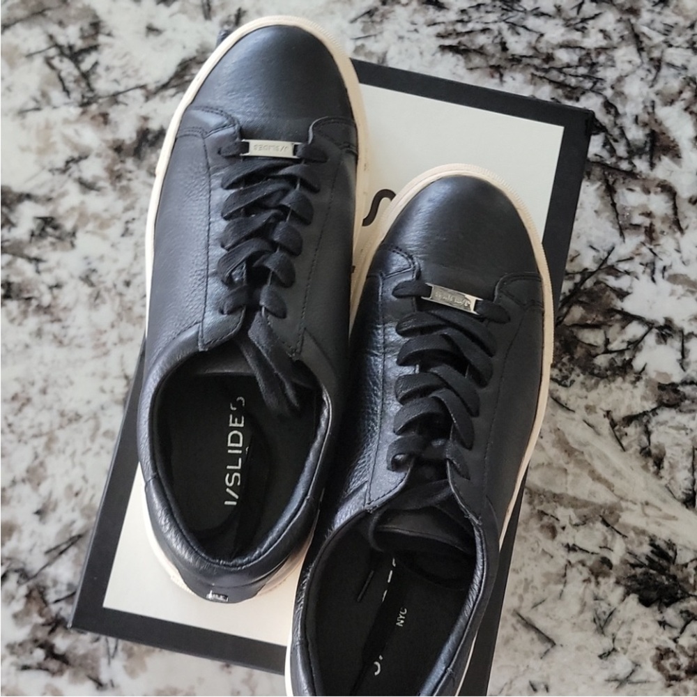 🎉 Sz 9 J Slides Women's Black Leather Lace-up Sneakers Platform Sporty Sho…